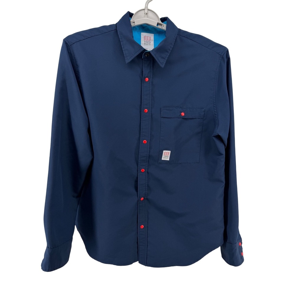 Topo Designs Mens L Navy Blue Snap Front Long Sleeve Technical Shirt Made in USA